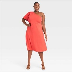 Plus Size Coral One Shoulder Puff Sleeve Dress